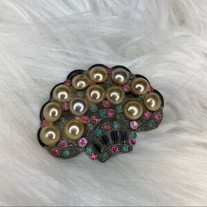 Vintage New England Glass Works Pearl Tree Brooch With Pink & Green Crystals